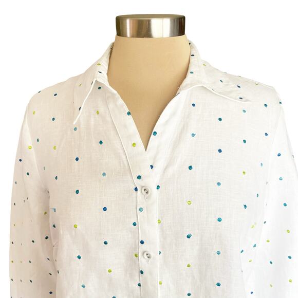 Richard Malcolm White Linen Button Down Top Embroidered Dot LARGE Preppy Coastal - Picture 1 of 11